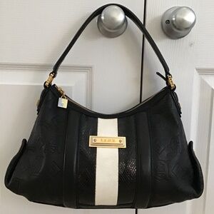 L.A.M.B. by Gwen Stefani black leather handbag with black/white snake skin strip